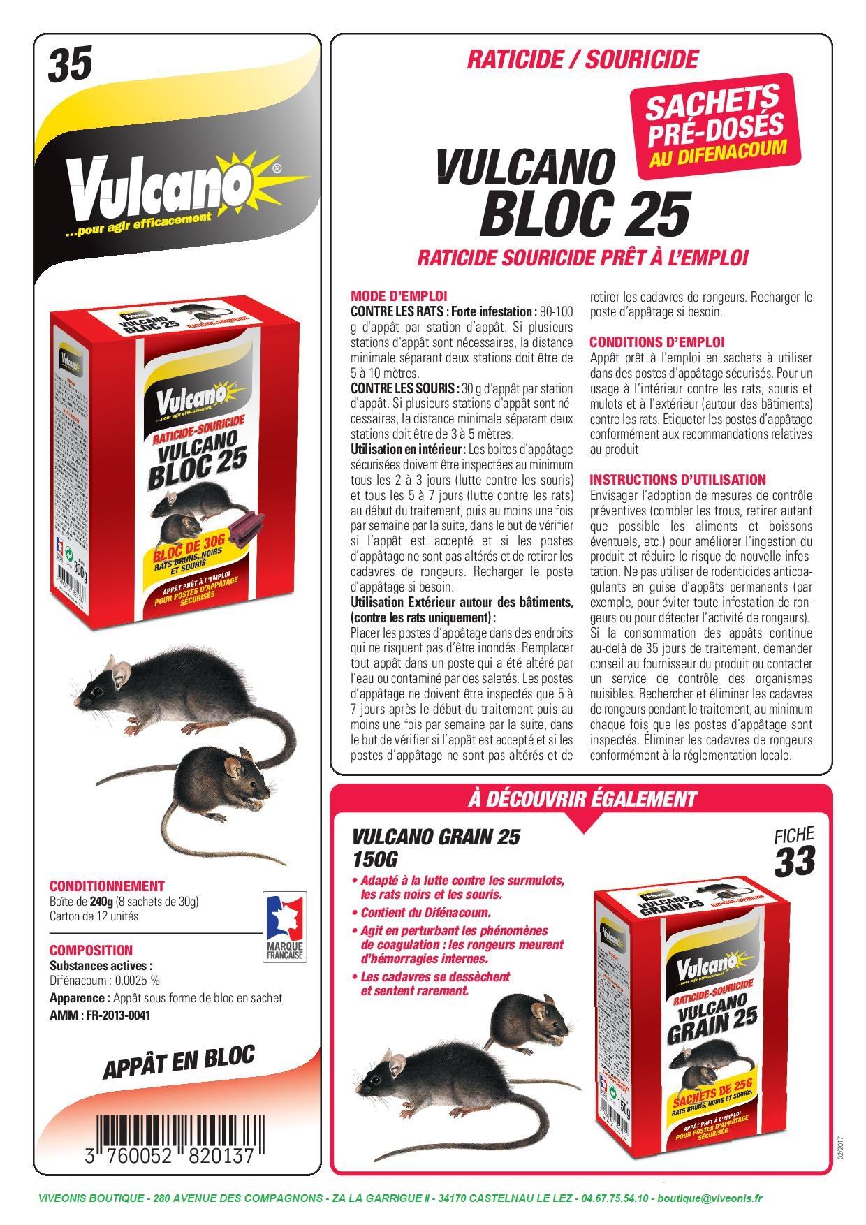 BLOC 25 VULCANO Raticide-Souricide au Difenacoum - Viveonis boutique
