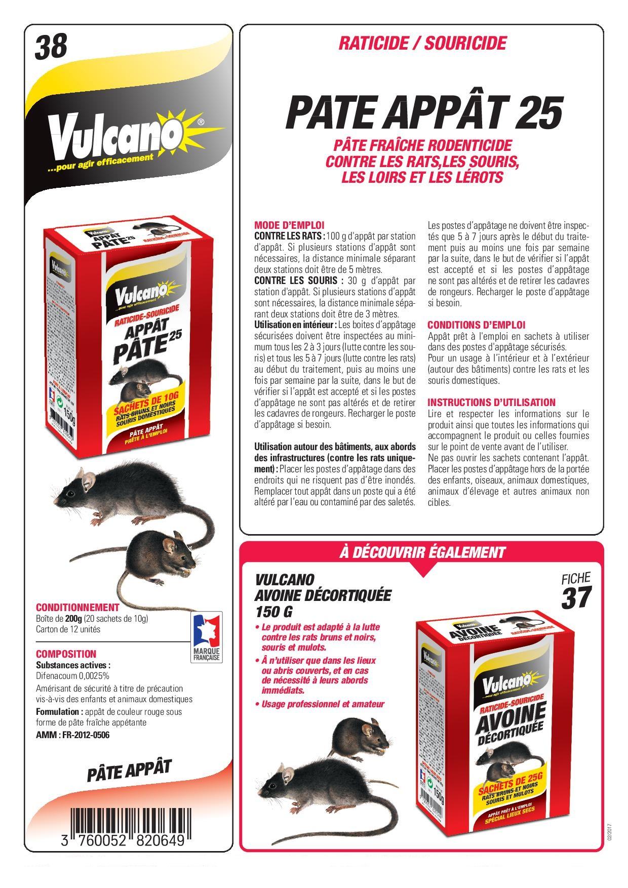 PATE APPAT VULCANO pâte fraiche rodenticide contre les rats, les souris,  les loirs et les lérots - Viveonis boutique